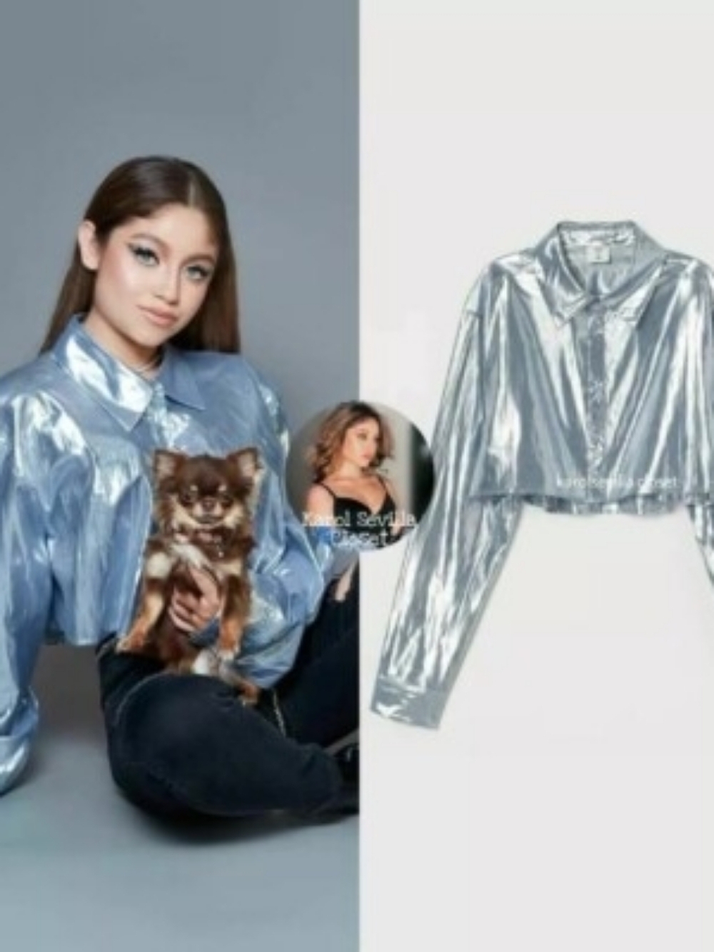 💘 Justine Skye X H&M Silver Metallic Crop Top Button Down Long Sleeve Size L - Picture 2 of 7